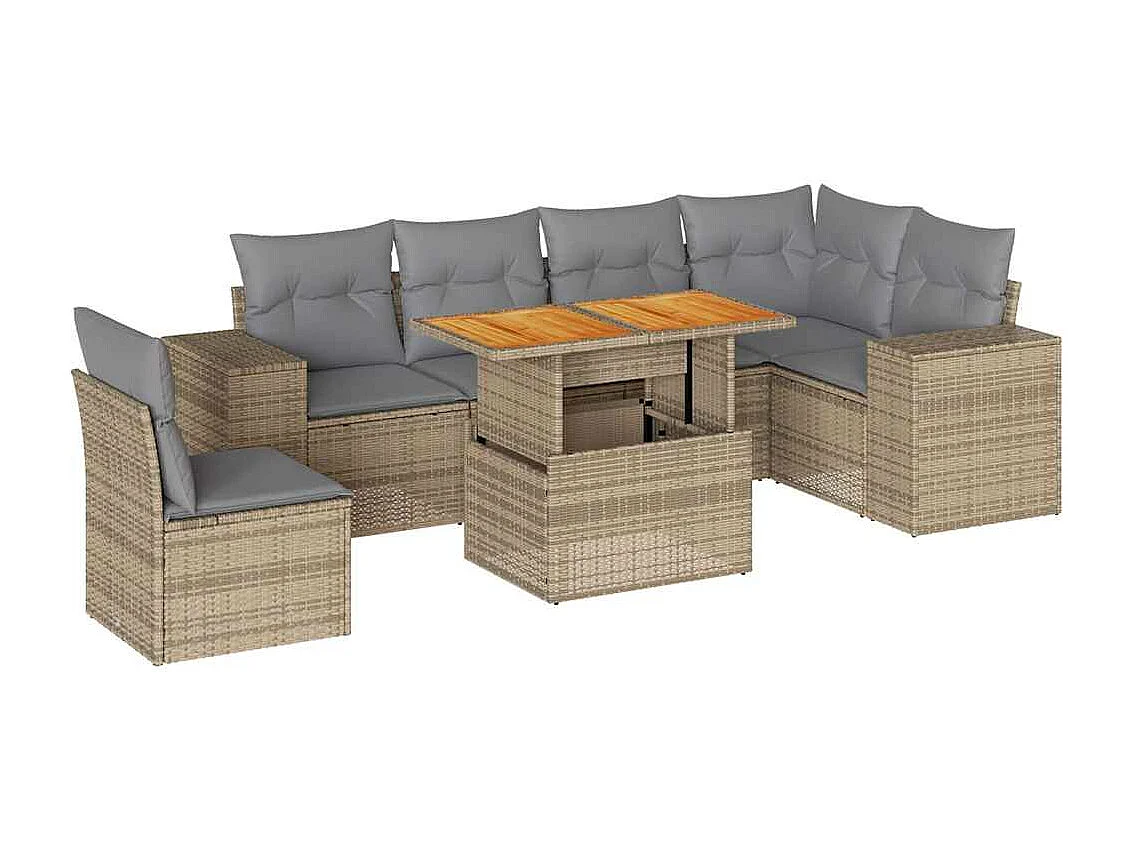 7 peças conjunto de sofás para jardim com almofadões vime PE bege