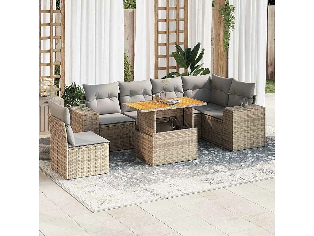 Salon de jardin avec coussins 7 pièces beige résine tressée