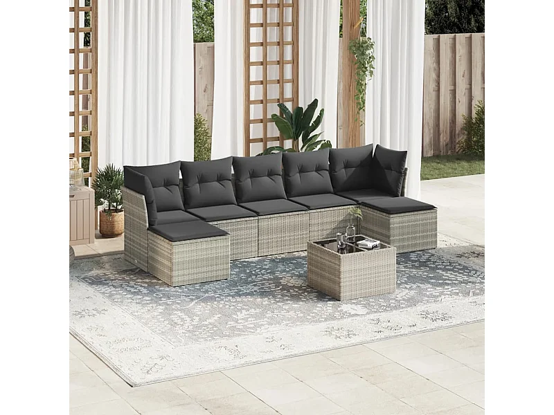 Salon de jardin 8 pièces avec coussins gris clair résine tressée