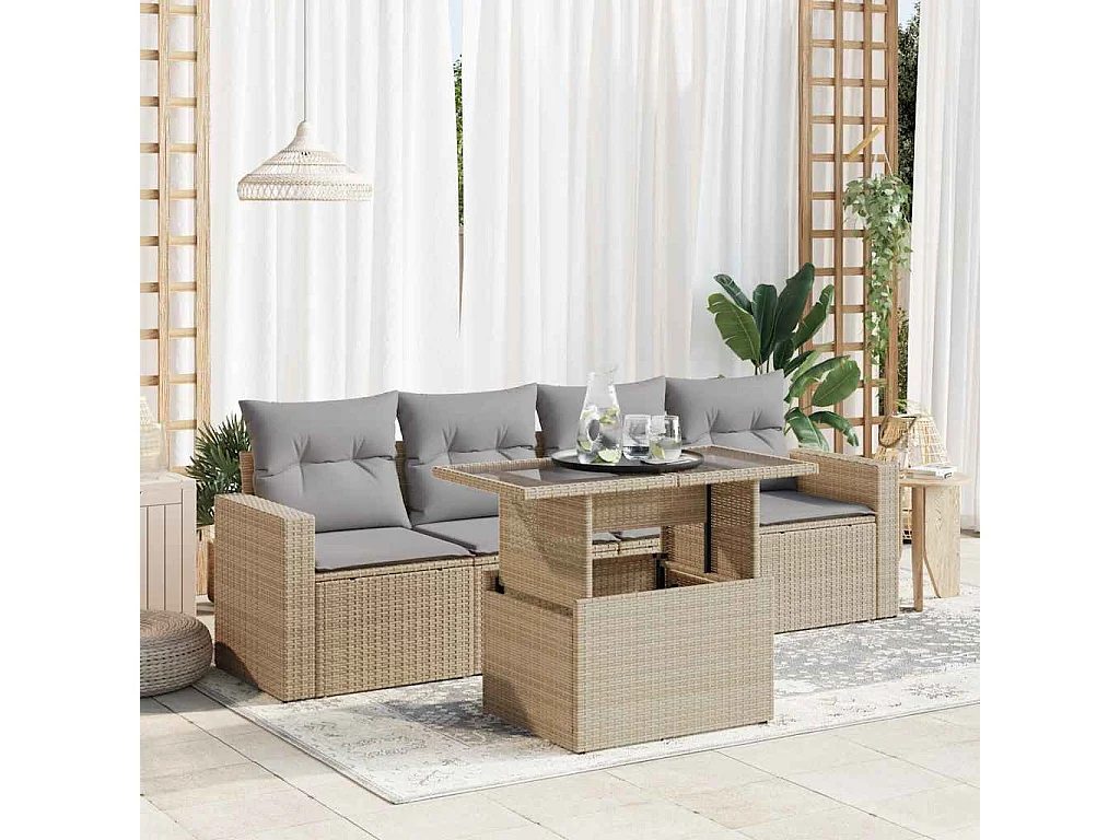Salon de jardin avec coussins 5 pièces beige résine tressée