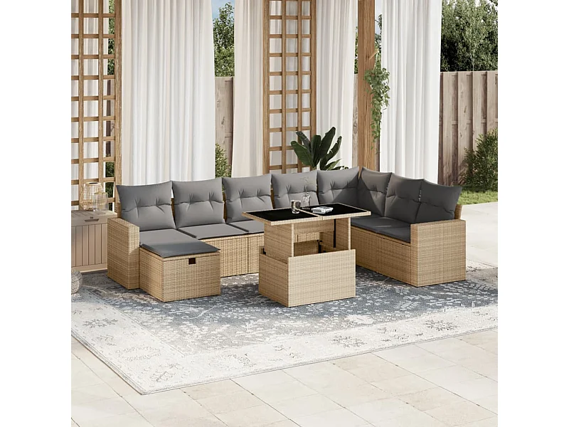 9-delige Loungeset met kussens poly rattan beige