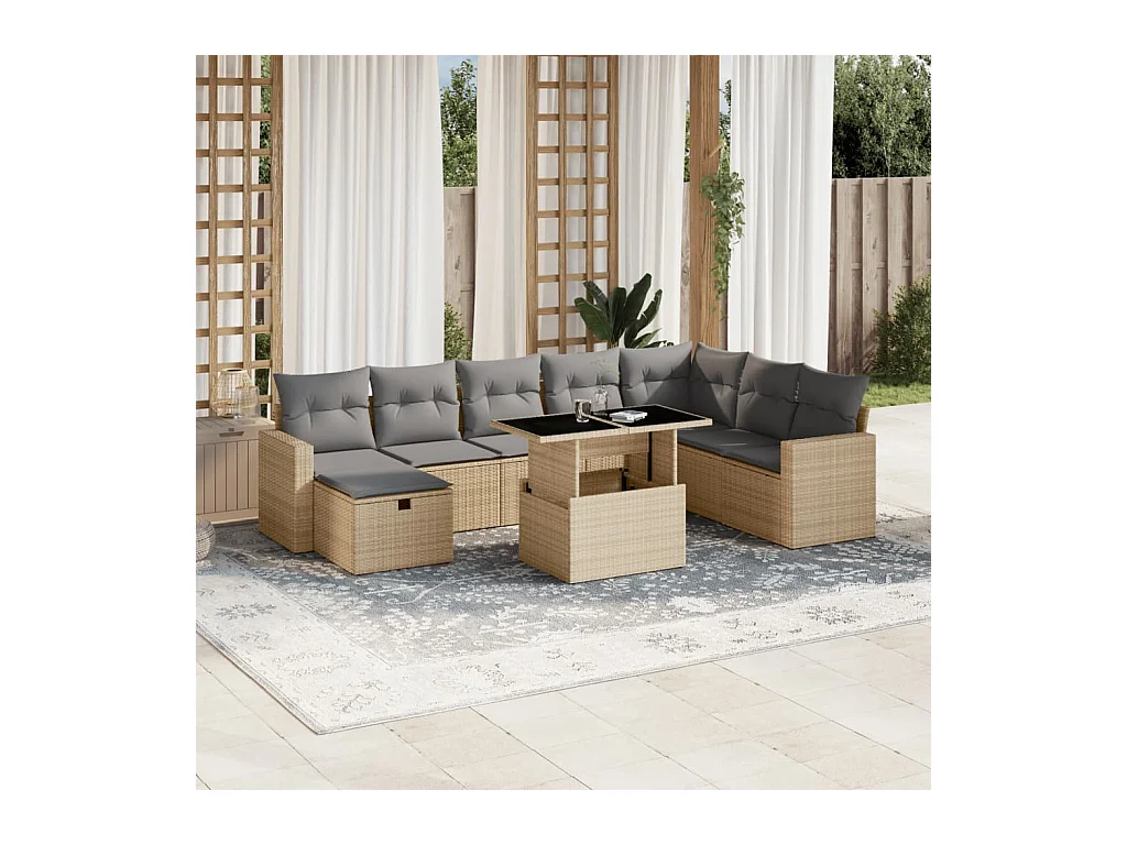 Salon de jardin avec coussins 9 pièces beige résine tressée