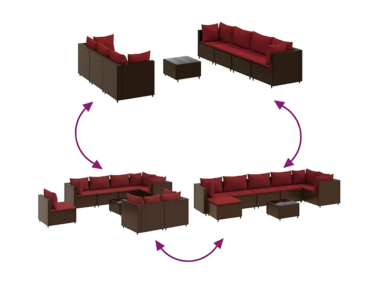 8 peças conjunto lounge de jardim com almofadões vime PE castanho