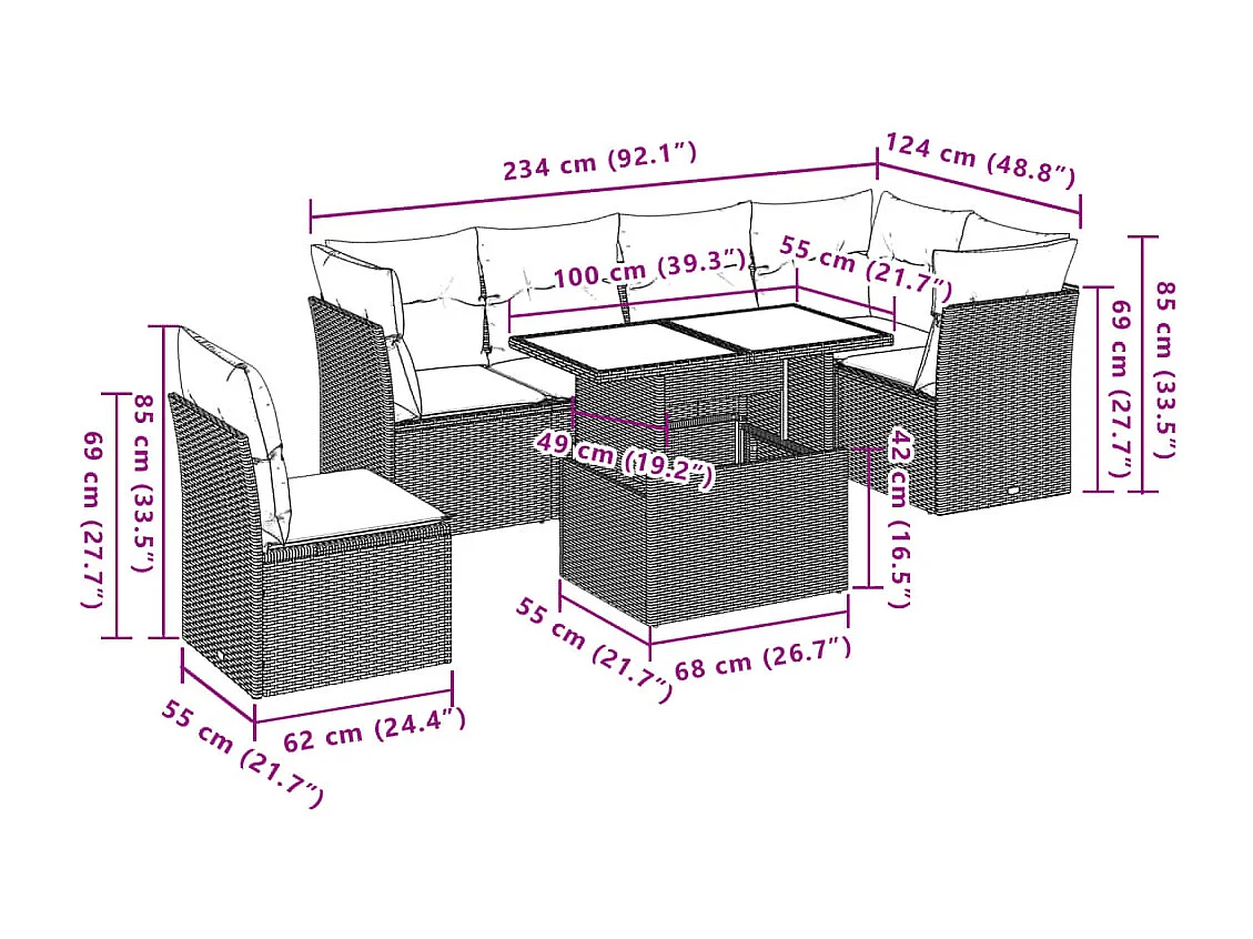 Set sofás de jardín 7 piezas y cojines ratán sintético beige