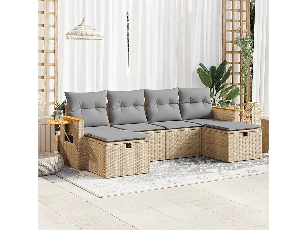 6-delige Loungeset met kussens poly rattan beige
