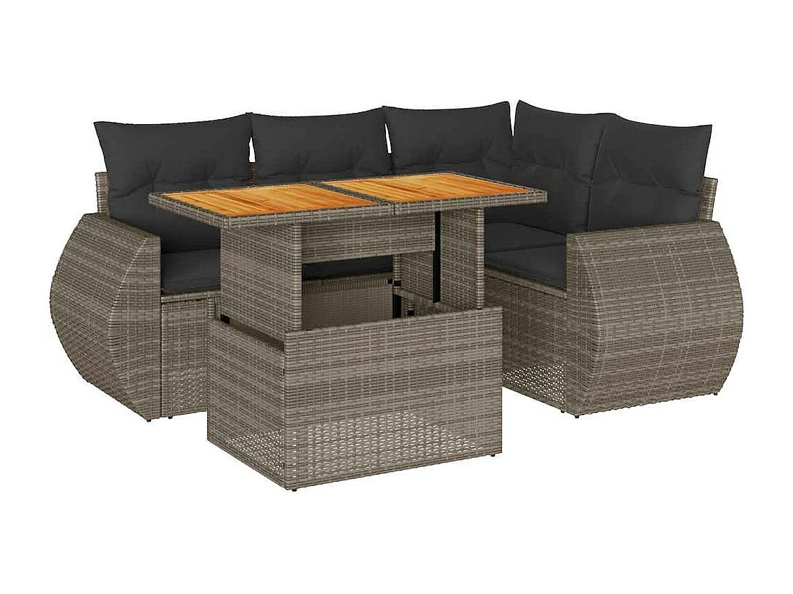 5-delige Loungeset met kussens poly rattan grijs