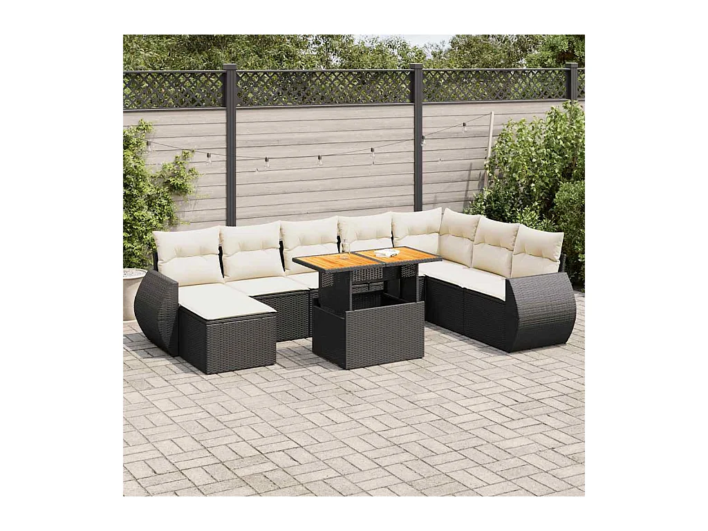 Set de sofás de jardín con cojines 9 piezas ratán sintético negro