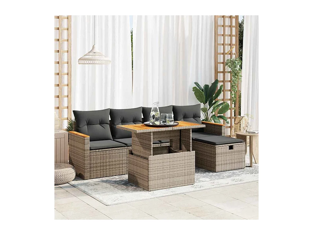 Salon de jardin 6 pièces avec coussins gris résine tressée