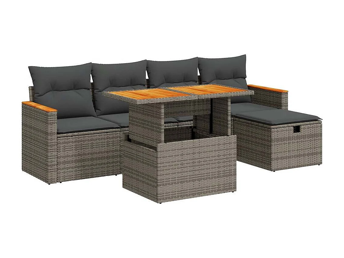 6-delige Loungeset met kussens poly rattan grijs