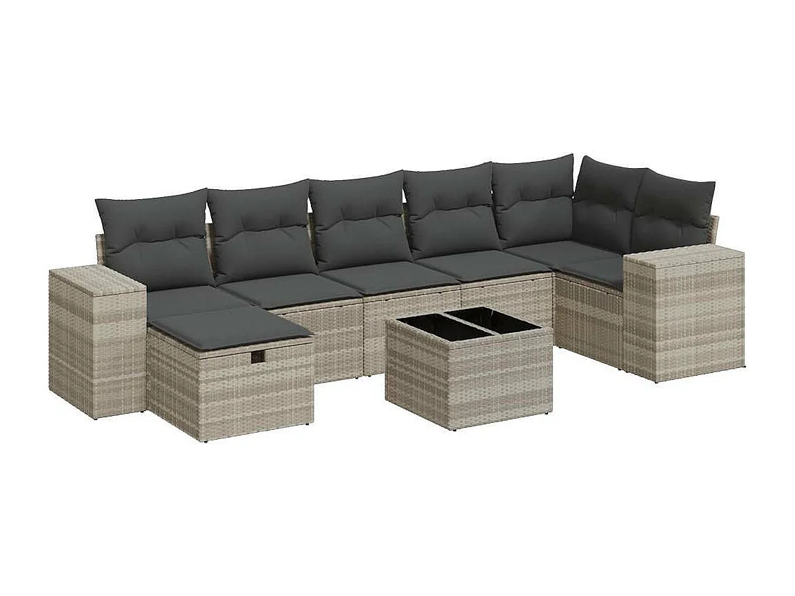 8-delige Loungeset met kussens poly rattan lichtgrijs