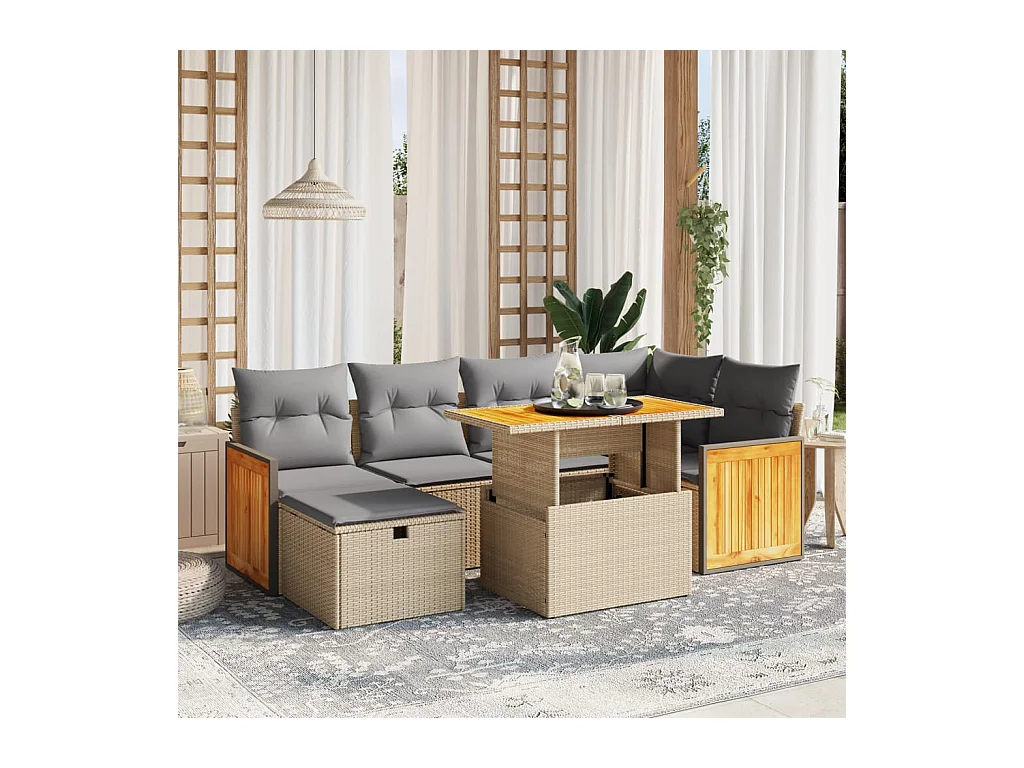 Salon de jardin avec coussins 7 pièces beige résine tressée