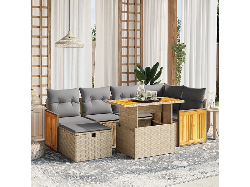 Set sofás de jardín 7 piezas y cojines ratán sintético beige