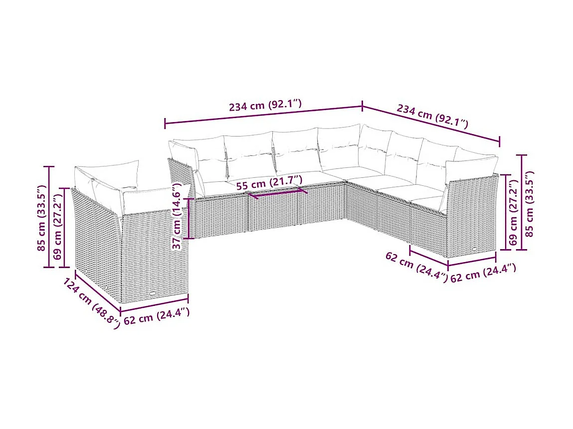 Salon de jardin 9 pièces avec coussins gris clair résine tressée