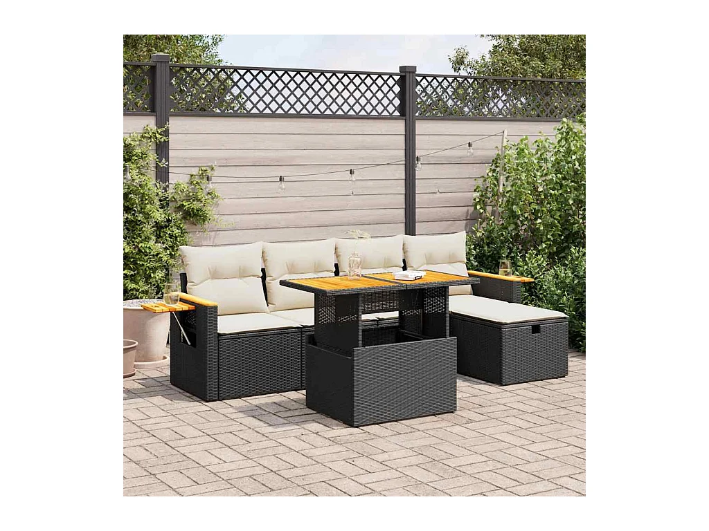 6-delige Loungeset met kussens poly rattan zwart