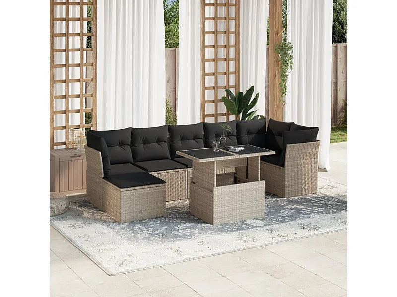 Salon de jardin 8 pièces avec coussins gris clair résine tressée