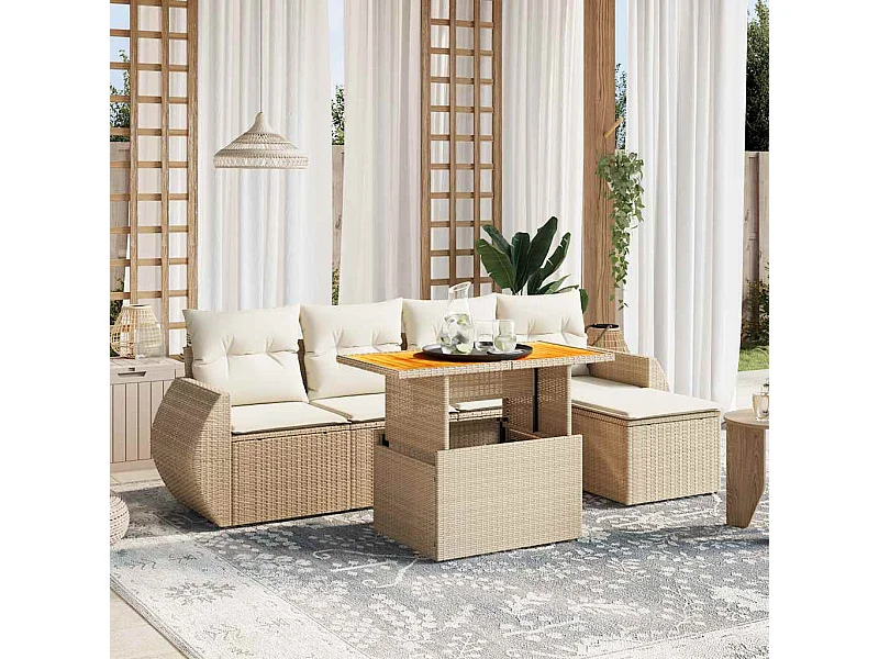 Salon de jardin avec coussins 6 pièces beige résine tressée