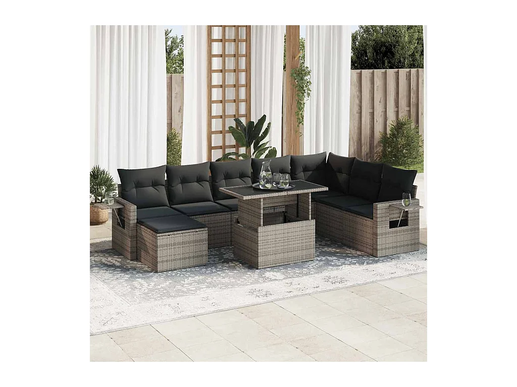 9 peças conjunto sofás para jardim com almofadões vime PE cinzento