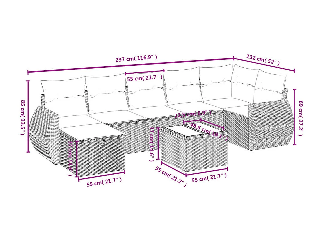 8-delige Loungeset met kussens poly rattan bruin