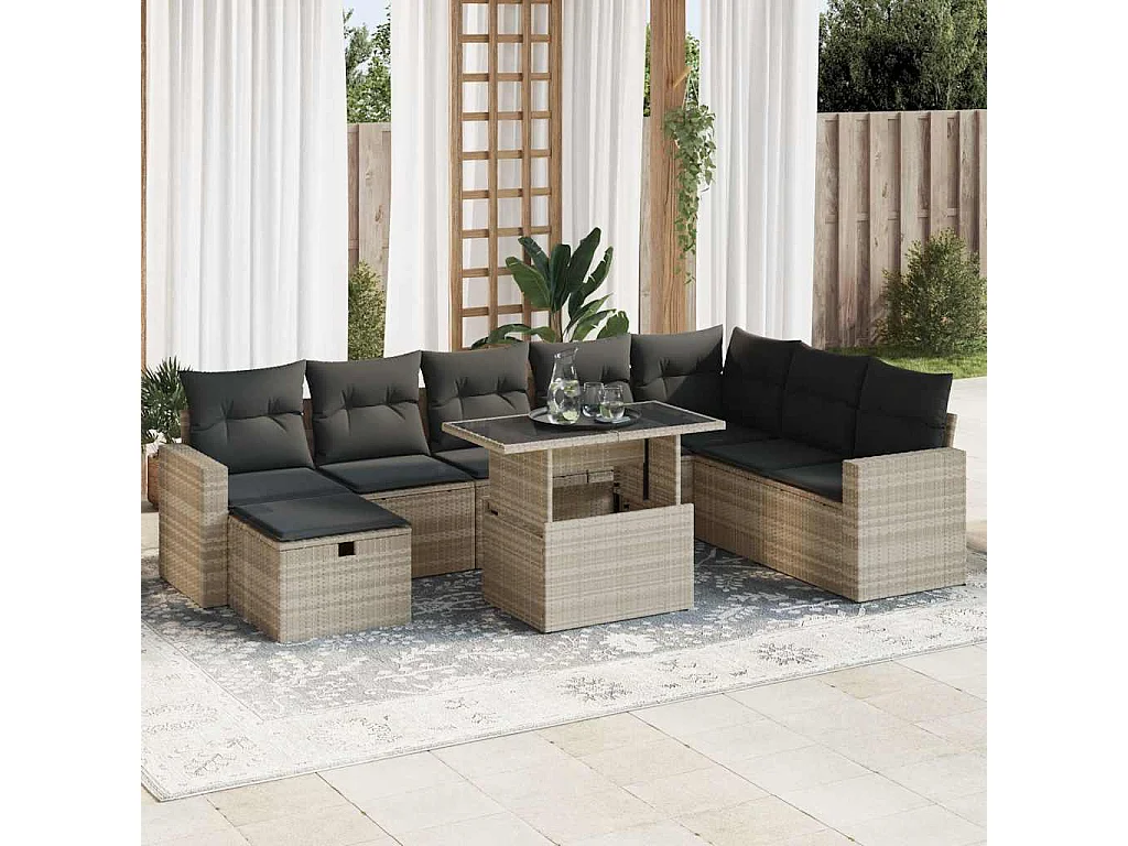 9-delige Loungeset met kussens poly rattan lichtgrijs