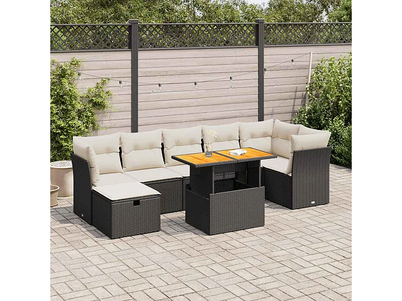 8-delige Loungeset met kussens poly rattan acacia zwart