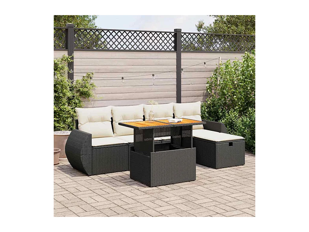 Salon de jardin 6 pièces avec coussins noir résine tressée acacia