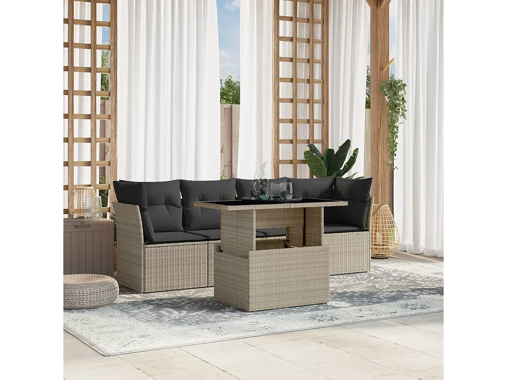 Set de sofás jardín y cojines 5 piezas ratán sintético gris claro