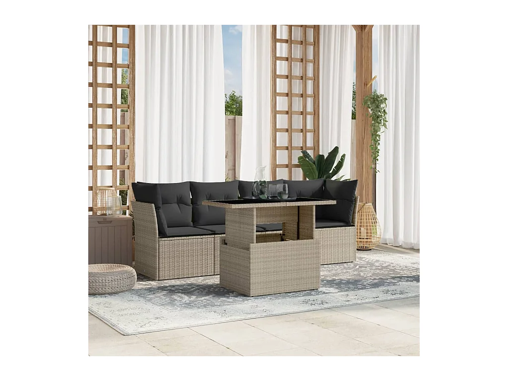5-delige Loungeset met kussens poly rattan lichtgrijs