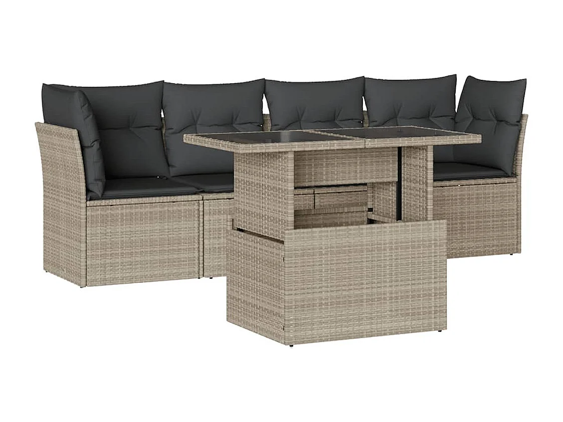 5-delige Loungeset met kussens poly rattan lichtgrijs