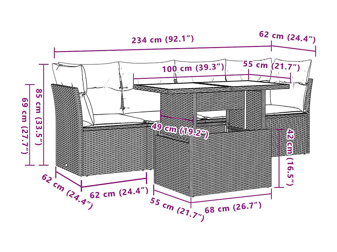 5-delige Loungeset met kussens poly rattan lichtgrijs