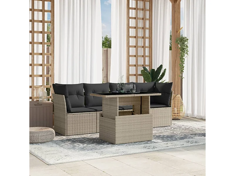 5-delige Loungeset met kussens poly rattan lichtgrijs