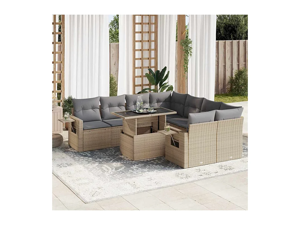 Salon de jardin avec coussins 9 pièces beige résine tressée