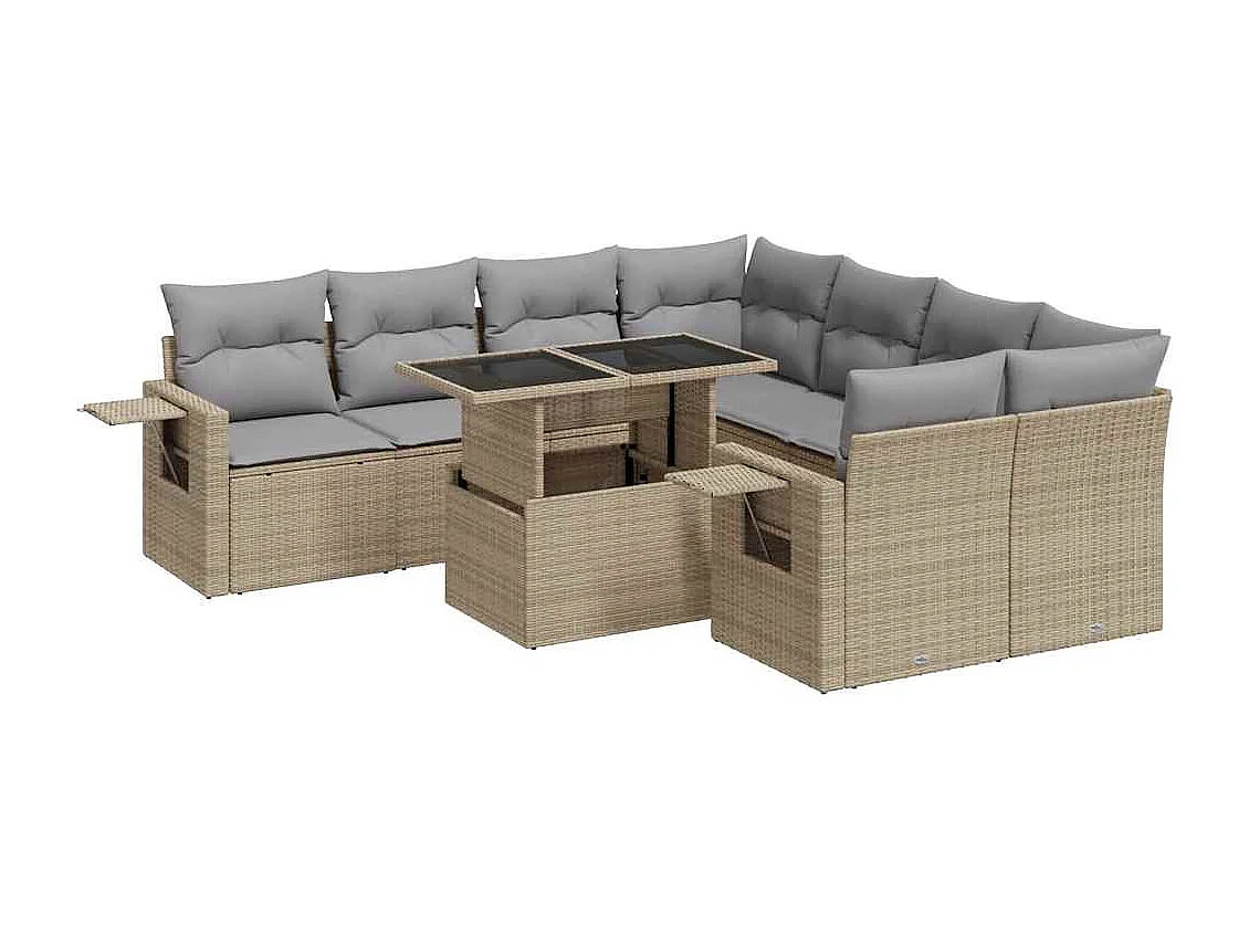 9 peças conjunto de sofás para jardim com almofadões vime PE bege