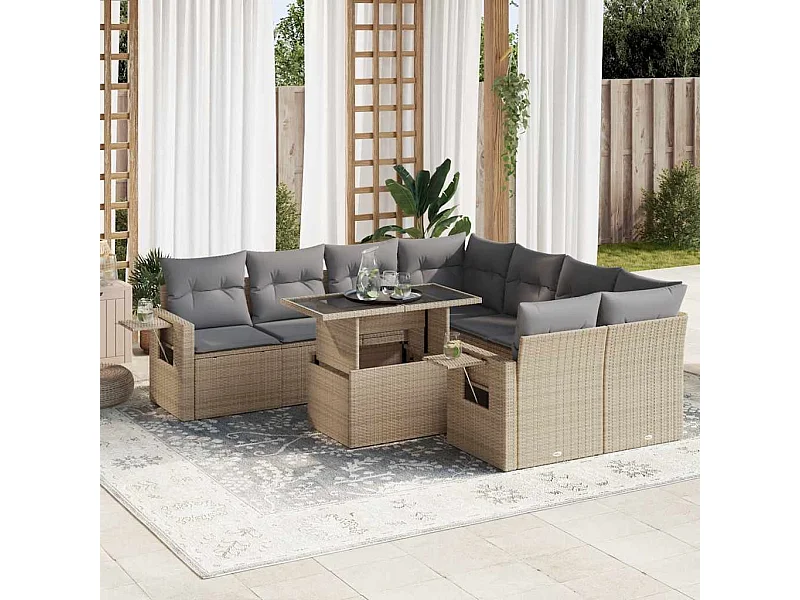 9 peças conjunto de sofás para jardim com almofadões vime PE bege