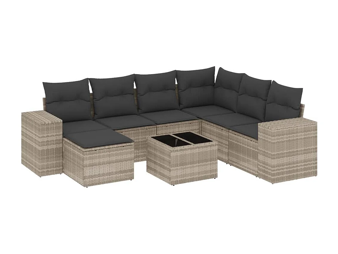 Salon de jardin 8 pièces avec coussins gris clair résine tressée