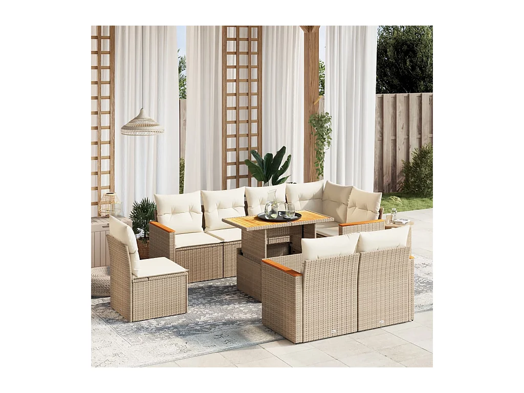 9-delige Loungeset met kussens poly rattan beige