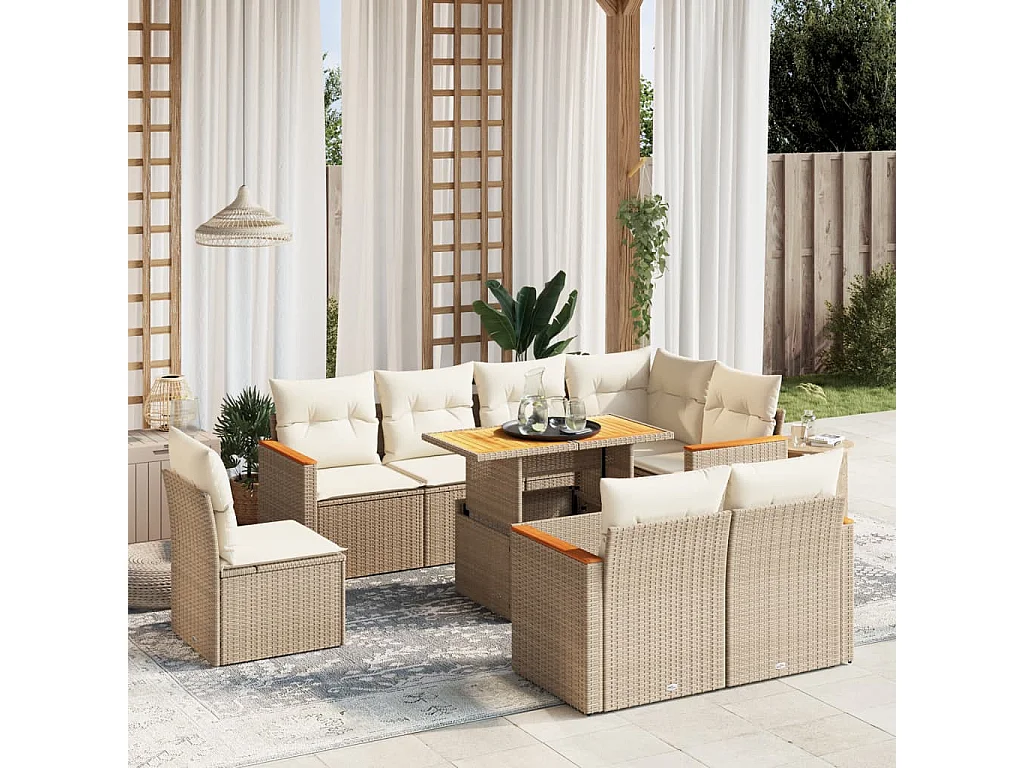 Salon de jardin avec coussins 9 pièces beige résine tressée