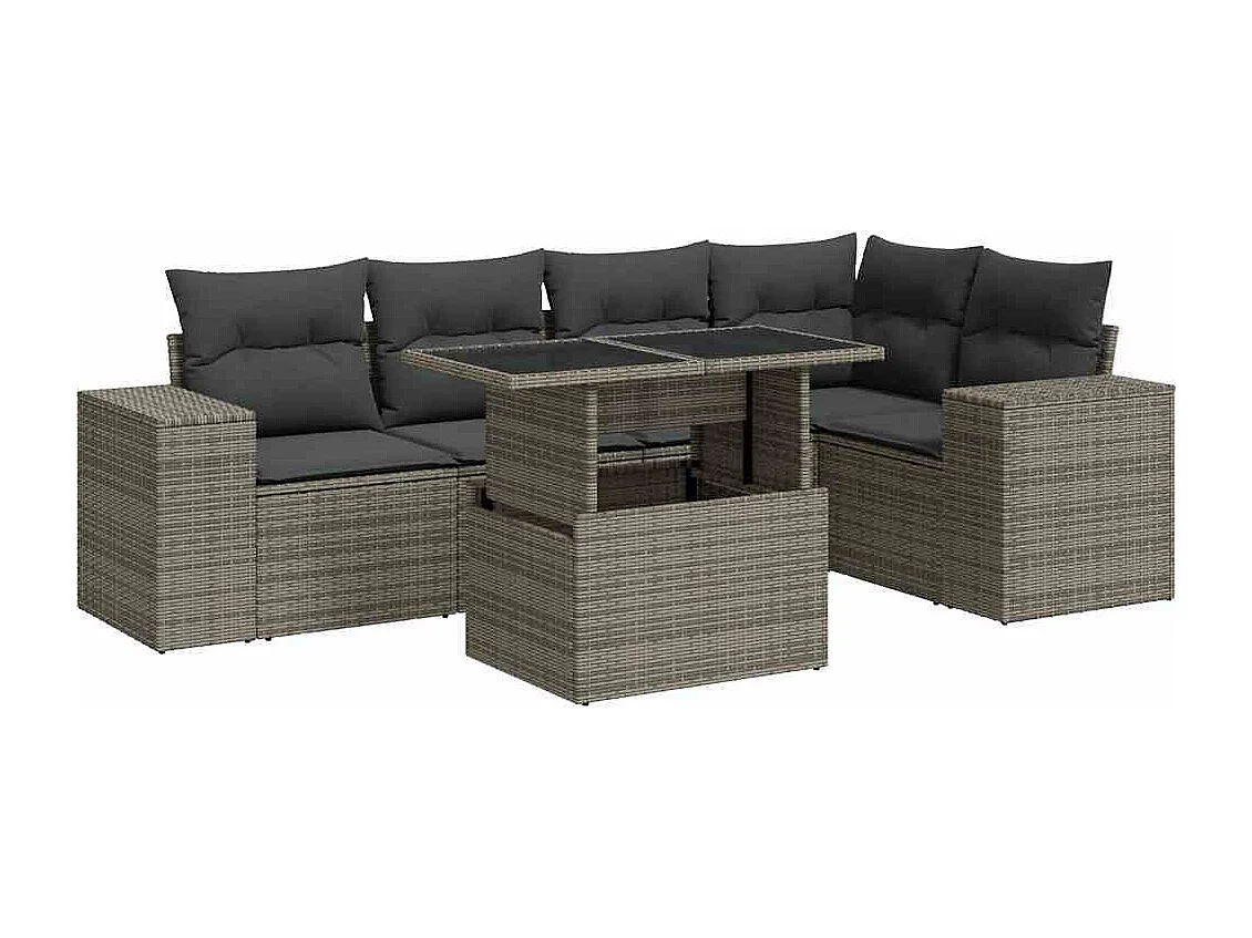 Set de muebles de jardín 6 piezas y cojines ratán sintético gris