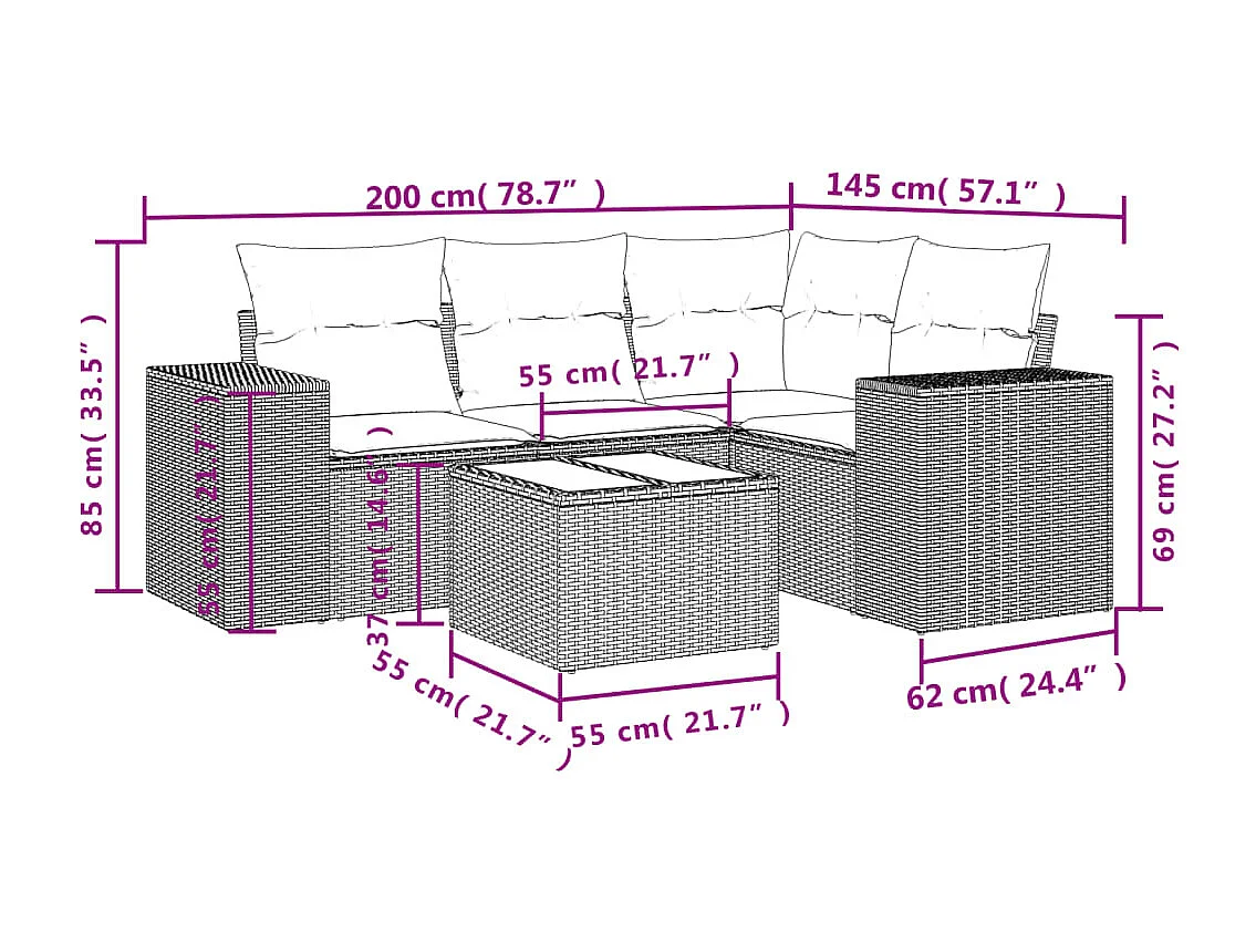5 peças conj. sofás jardim com almofadões vime PE cinzento-claro