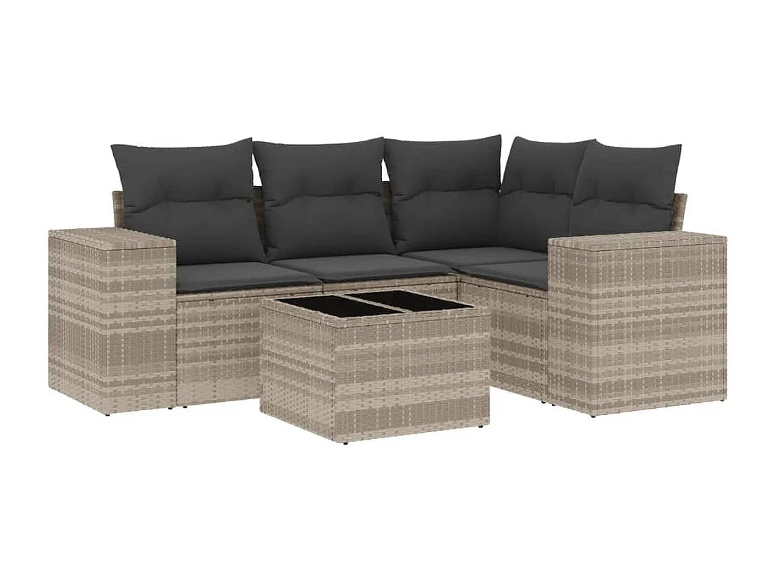 Salon de jardin 5 pièces avec coussins gris clair résine tressée