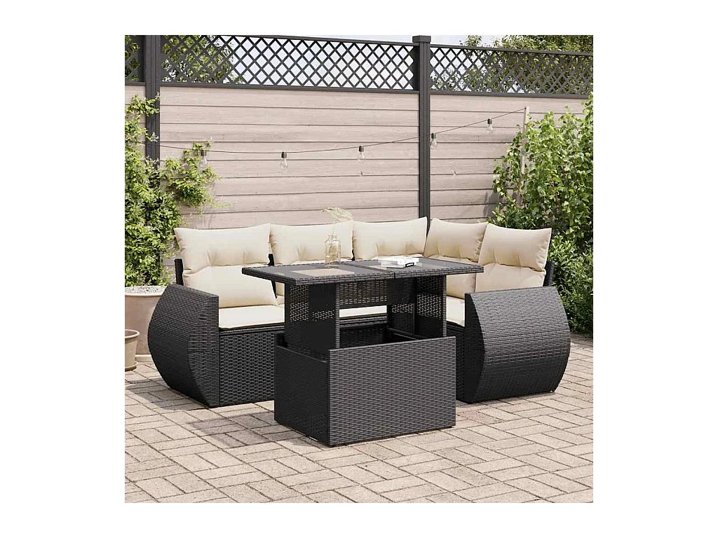 5-delige Loungeset met kussens poly rattan zwart