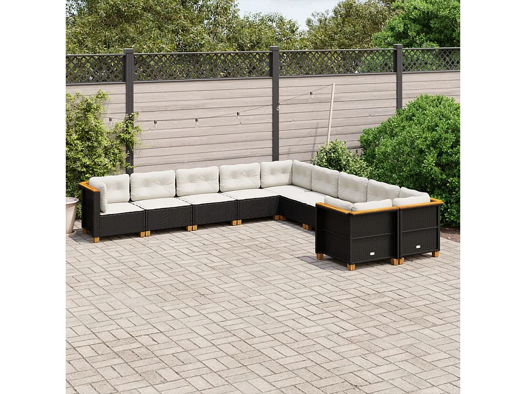 10 peças conjunto sofás de jardim com almofadões vime PE preto