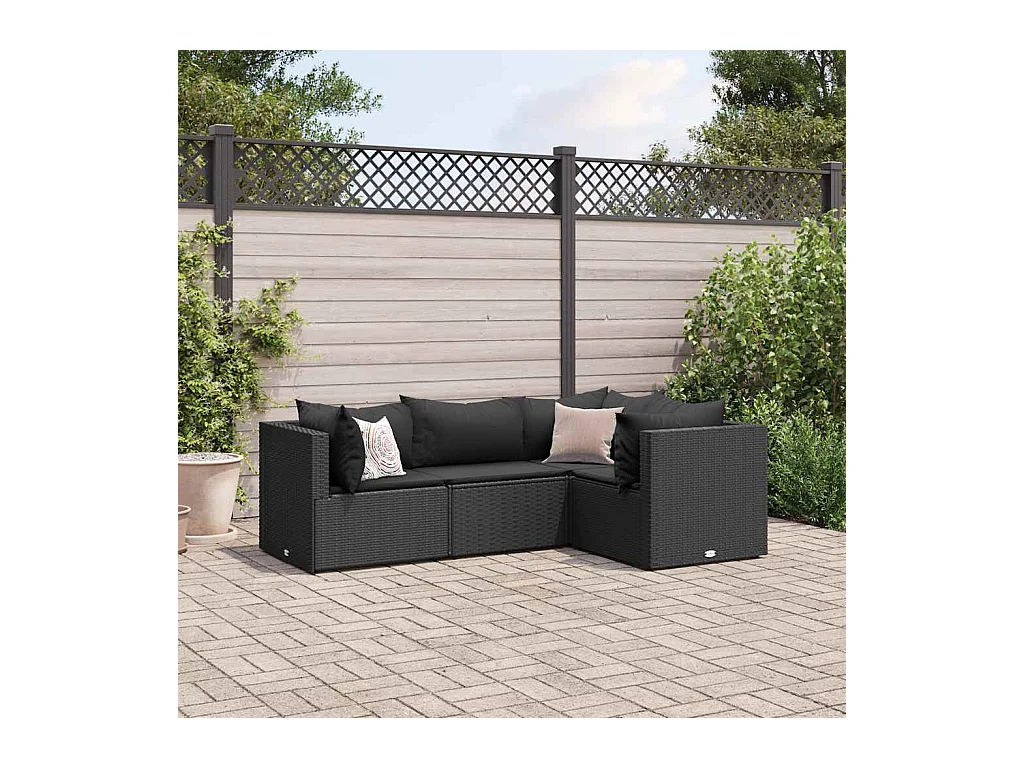 Salon de jardin 4 pièces avec coussins Noir Résine tressée