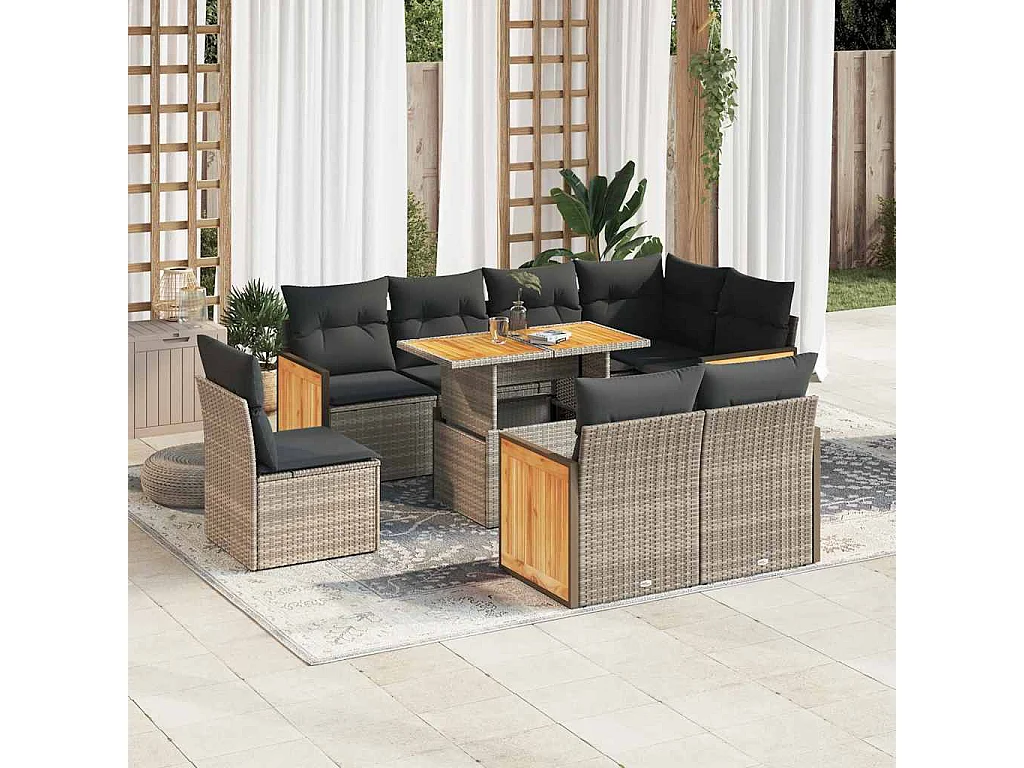 9-delige Loungeset met kussens poly rattan acacia grijs