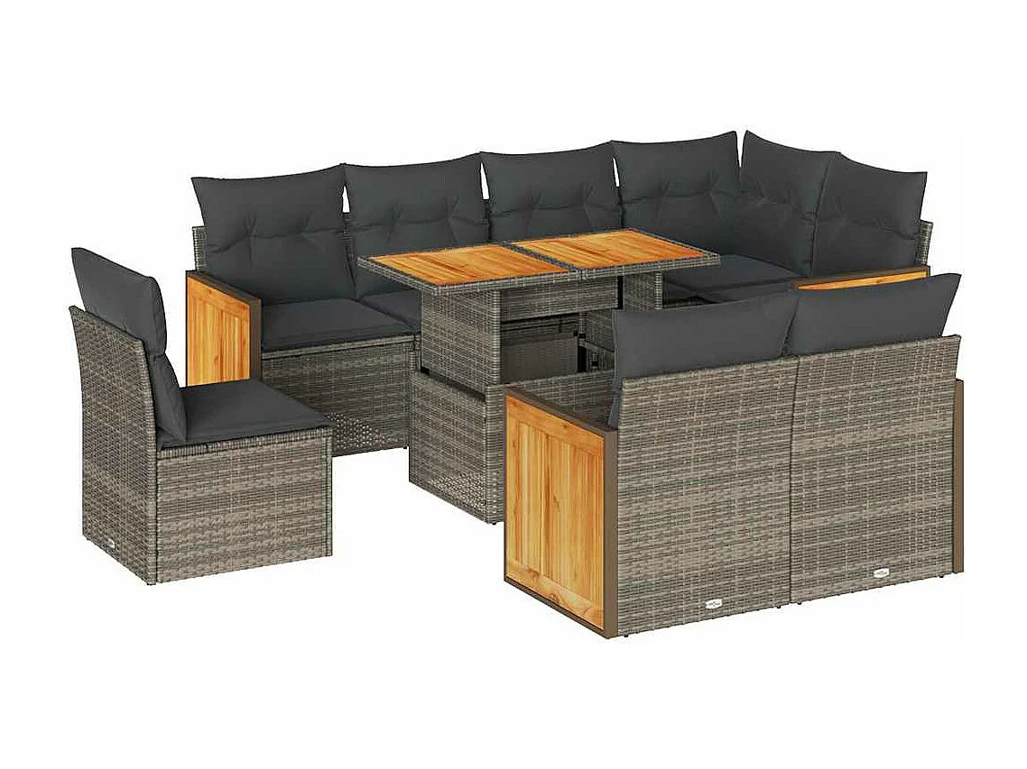 9-delige Loungeset met kussens poly rattan acacia grijs