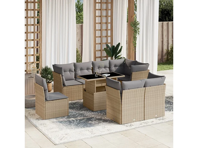 Set de sofás de jardín 9 piezas con cojines ratán sintético beige