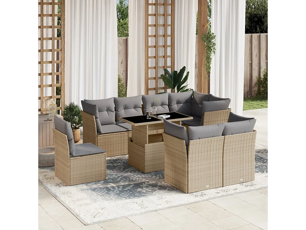 Salon de jardin avec coussins 9 pièces beige résine tressée