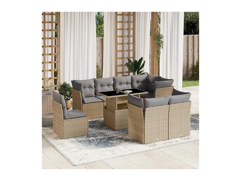 Salon de jardin avec coussins 9 pièces beige résine tressée