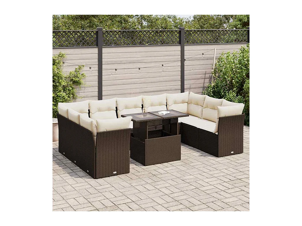Salon de jardin 10 pièces avec coussins marron résine tressée