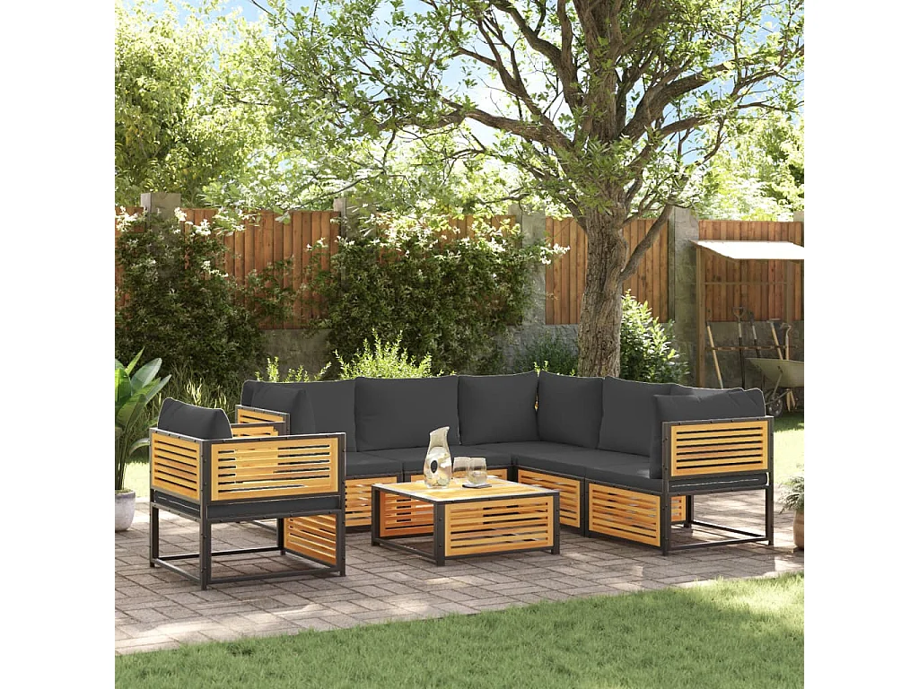 Salon de jardin avec coussins 7 pièces bois massif d'acacia