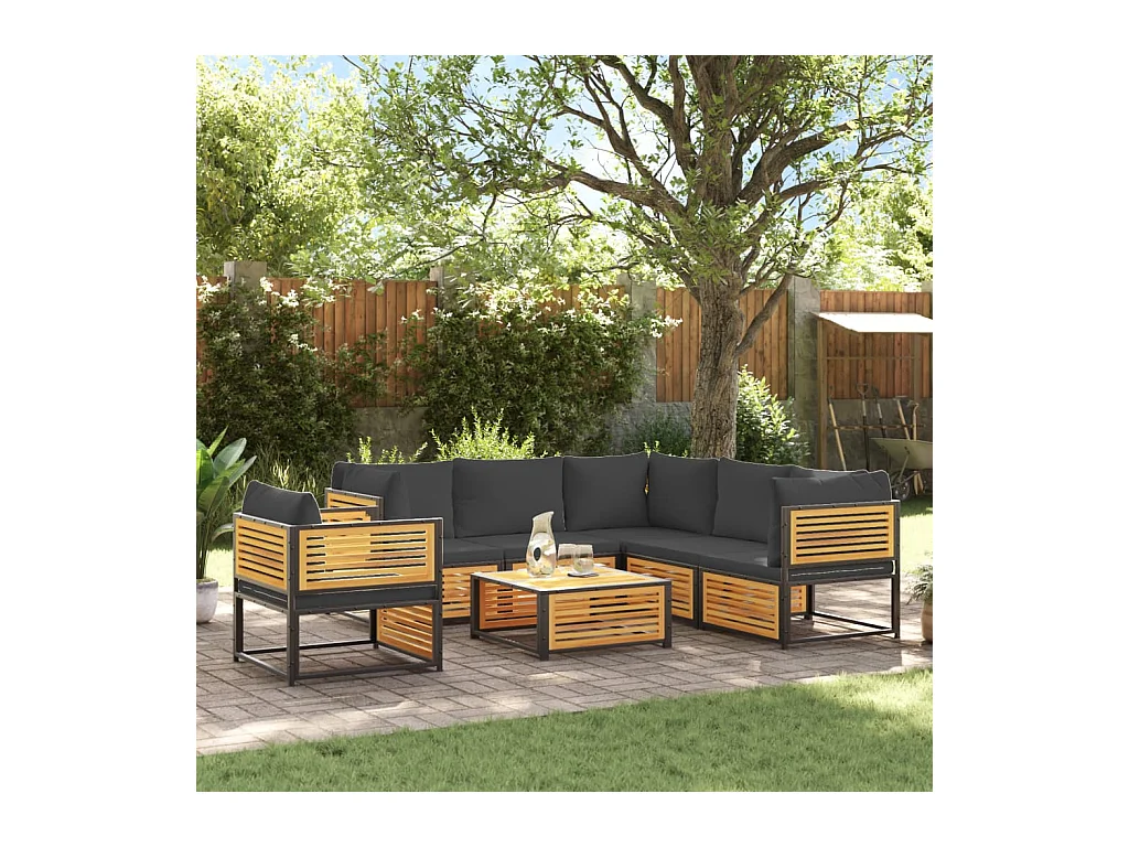 Salon de jardin avec coussins 7 pièces bois massif d'acacia